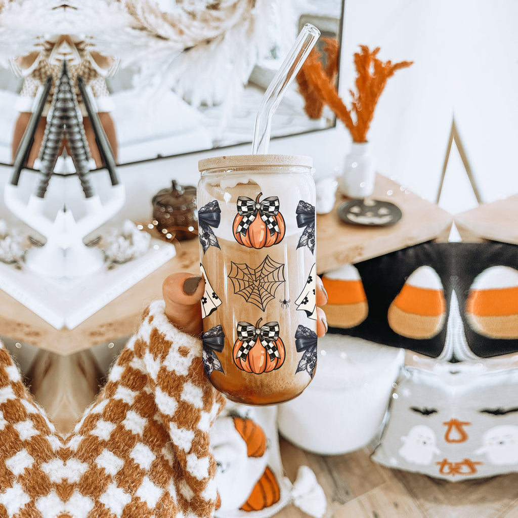 Halloween 20oz Glass Tumbler Bamboo Lid Stainless Straws Straw Cleaner BandsCo Straps