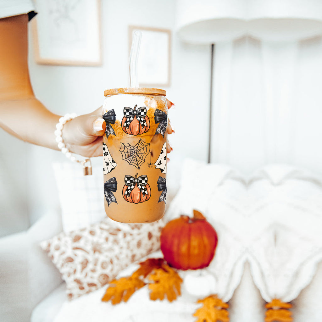 Halloween 20oz Glass Tumbler Bamboo Lid Stainless Straws Straw Cleaner BandsCo Straps