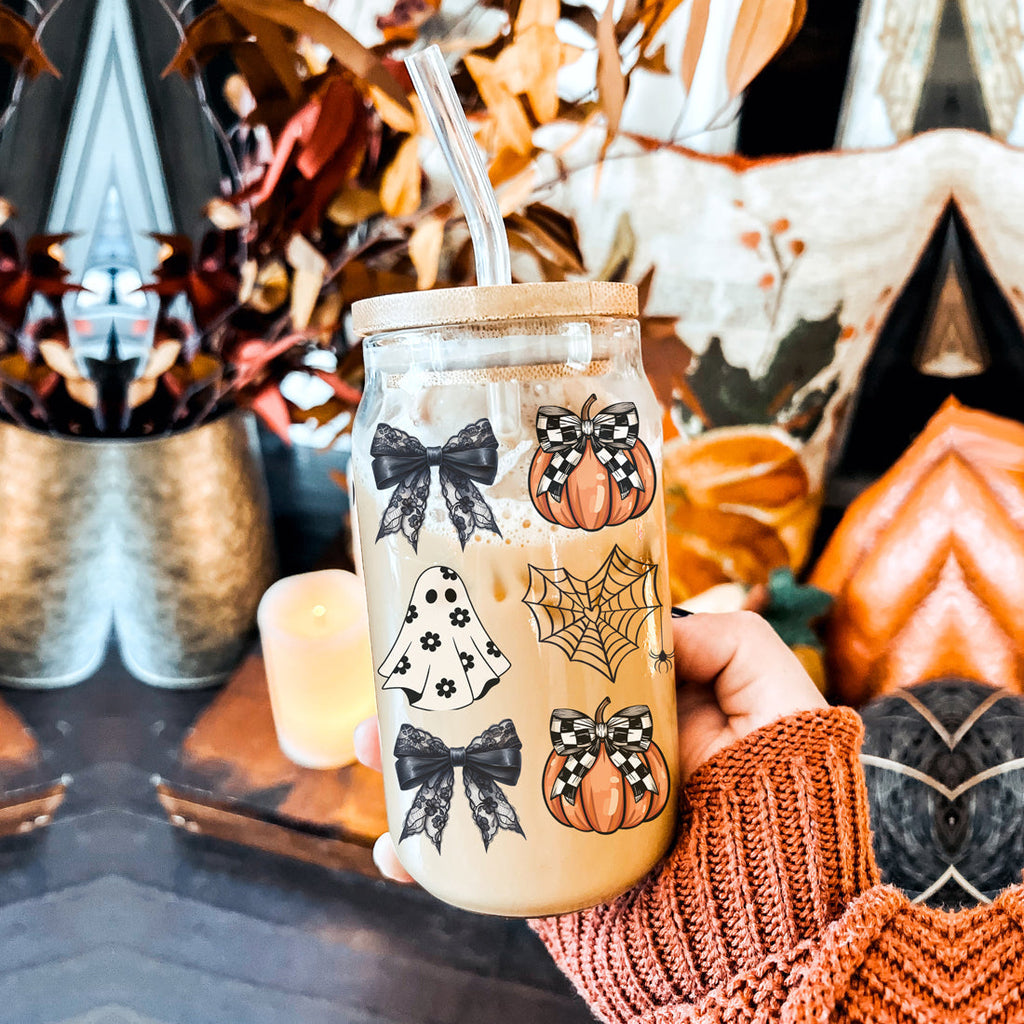 Halloween 20oz Glass Tumbler Bamboo Lid Stainless Straws Straw Cleaner BandsCo Straps