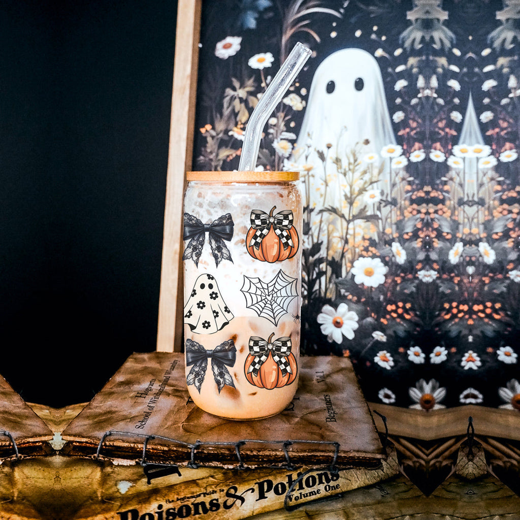 Halloween 20oz Glass Tumbler Bamboo Lid Stainless Straws Straw Cleaner BandsCo Straps