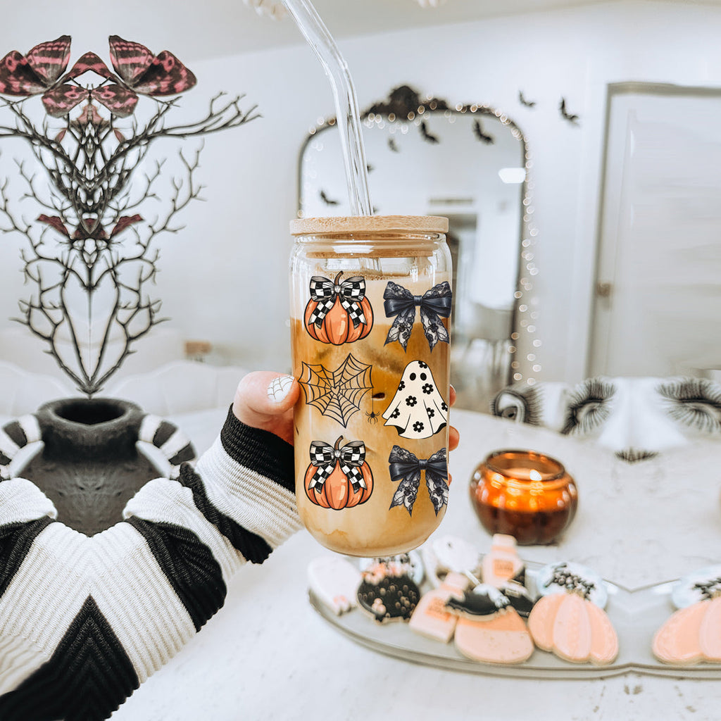 Halloween 20oz Glass Tumbler Bamboo Lid Stainless Straws Straw Cleaner BandsCo Straps