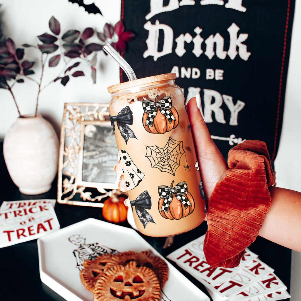 Halloween 20oz Glass Tumbler Bamboo Lid Stainless Straws Straw Cleaner BandsCo Straps