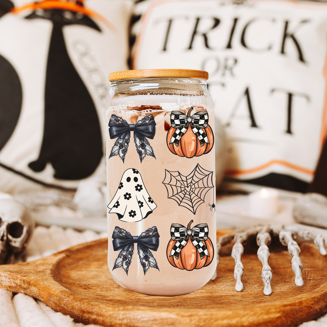 Halloween 20oz Glass Tumbler Bamboo Lid Stainless Straws Straw Cleaner BandsCo Straps