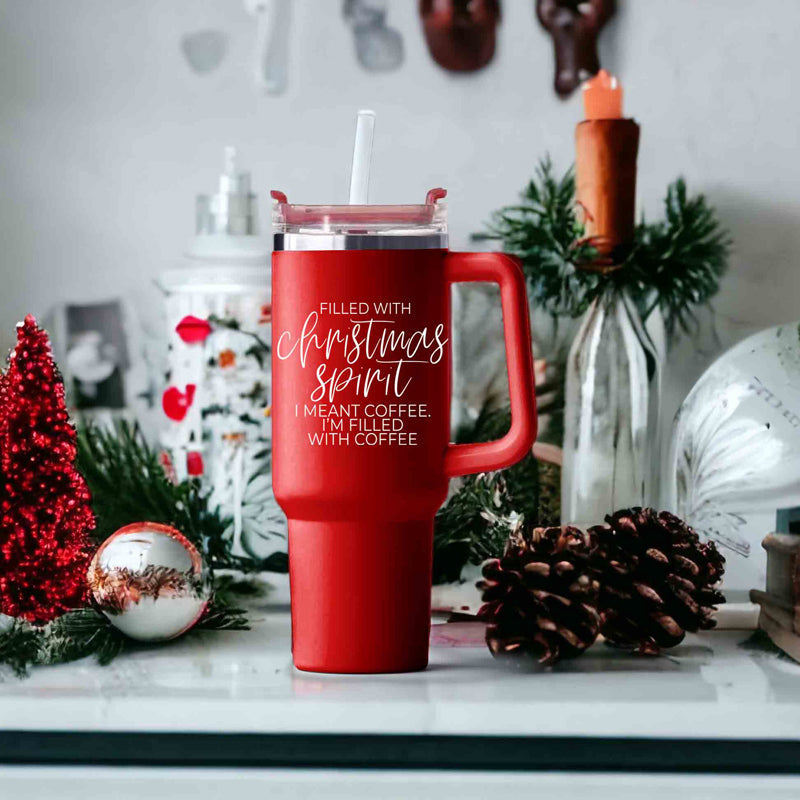 Christmas Coffee Tumbler 40oz Insulated Travel Mug With Handle Lid Straw Red BandsCo Straps