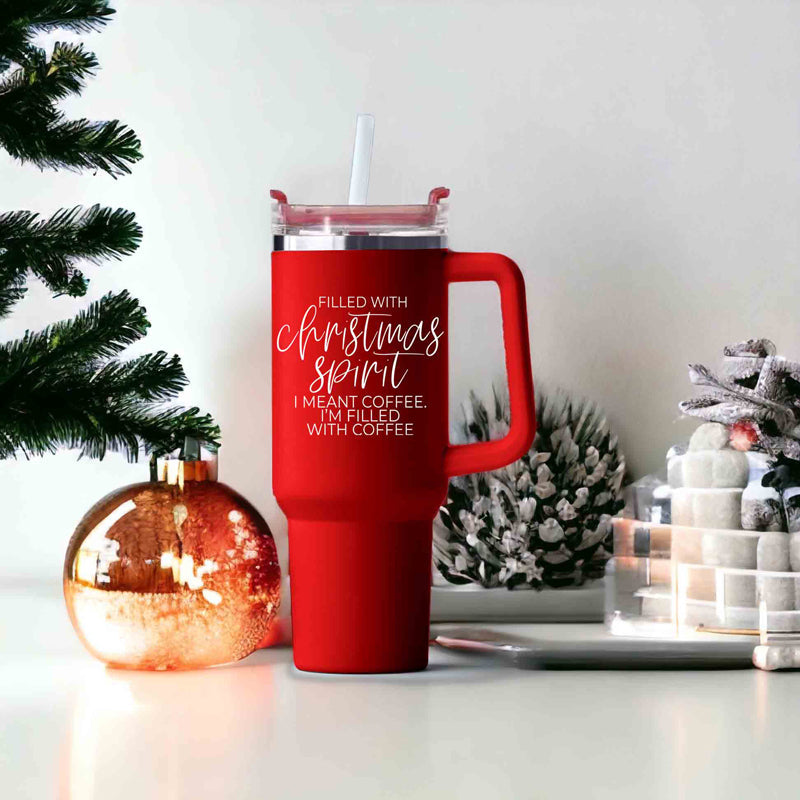 Christmas Coffee Tumbler 40oz Insulated Travel Mug With Handle Lid Straw Red BandsCo Straps