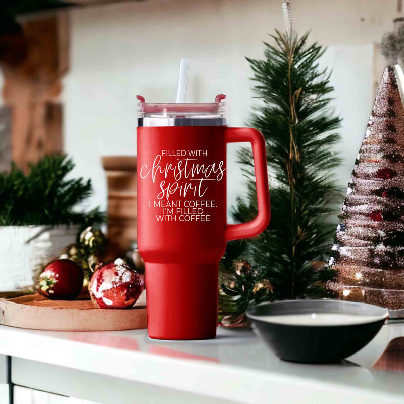 Christmas Coffee Tumbler 40oz Insulated Travel Mug With Handle Lid Straw Red BandsCo Straps