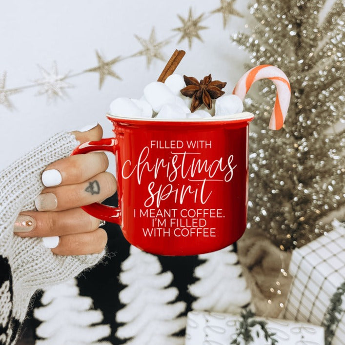 Christmas Coffee Mug 14.5oz Ceramic Campfire Style Red Or Green Double-Sided BandsCo Straps