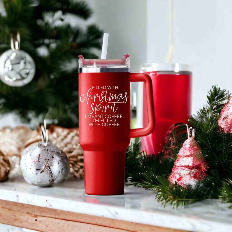 Christmas Coffee Tumbler 40oz Insulated Travel Mug With Handle Lid Straw Red BandsCo Straps
