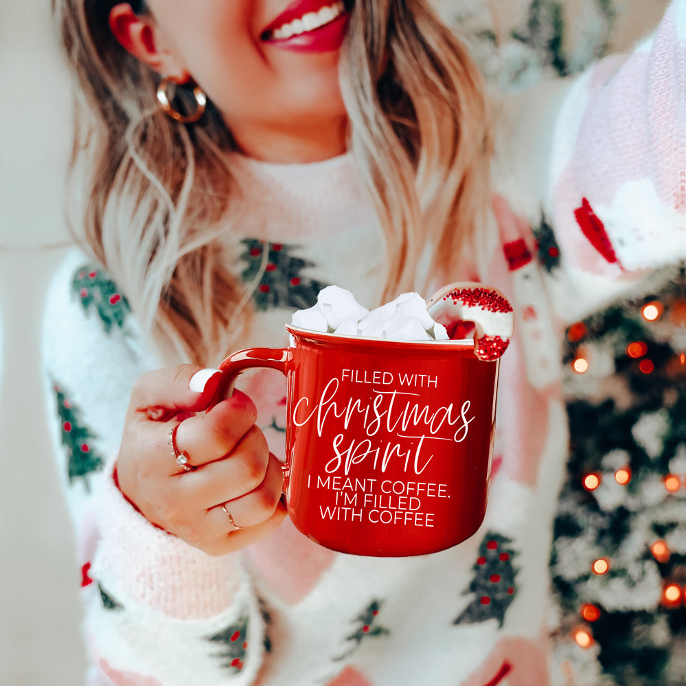 Christmas Coffee Mug 14.5oz Ceramic Campfire Style Red Or Green Double-Sided BandsCo Straps