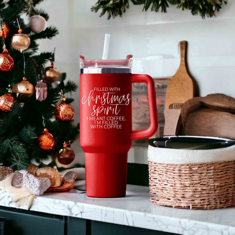 Christmas Coffee Tumbler 40oz Insulated Travel Mug With Handle Lid Straw Red BandsCo Straps