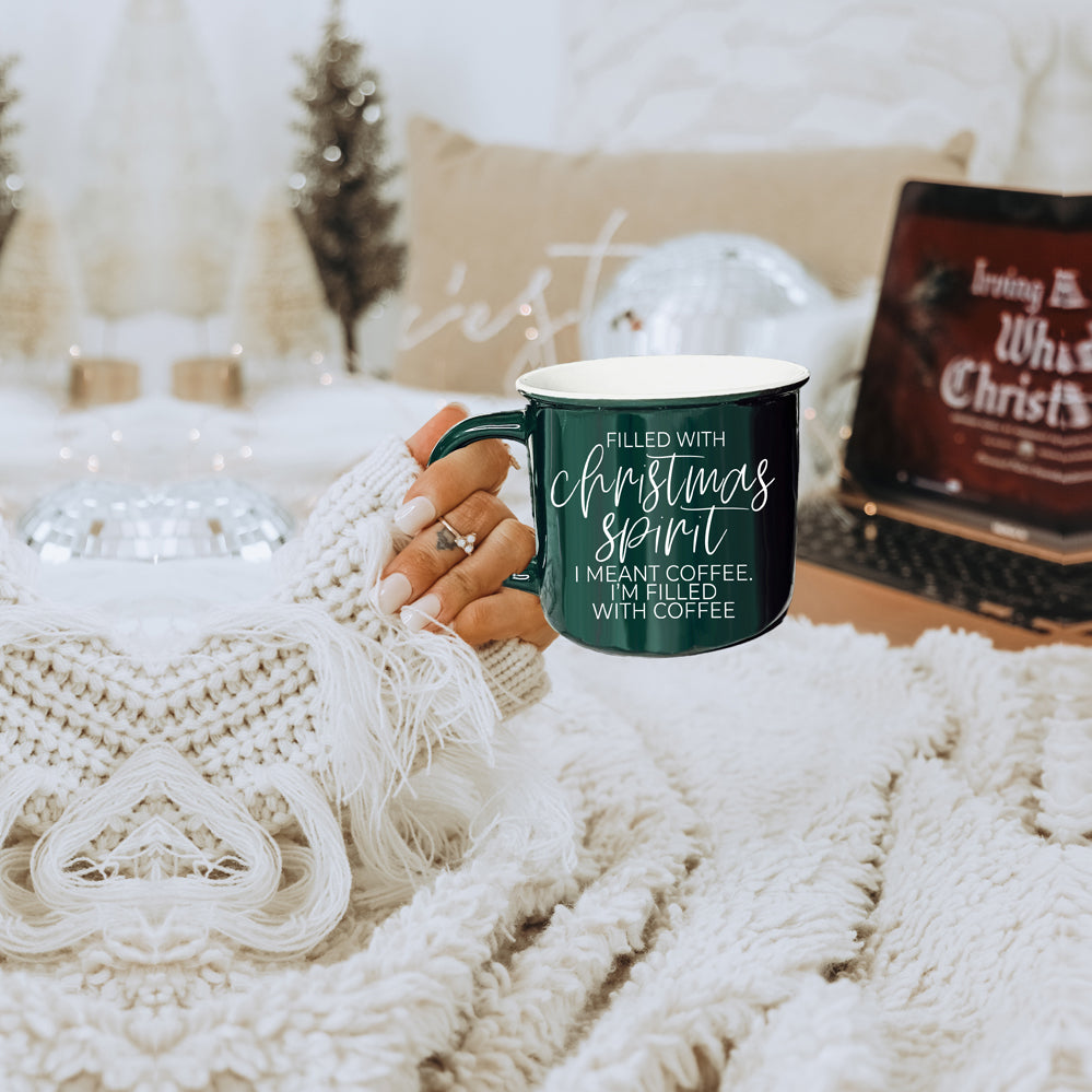 Christmas Coffee Mug 14.5oz Ceramic Campfire Style Red Or Green Double-Sided BandsCo Straps