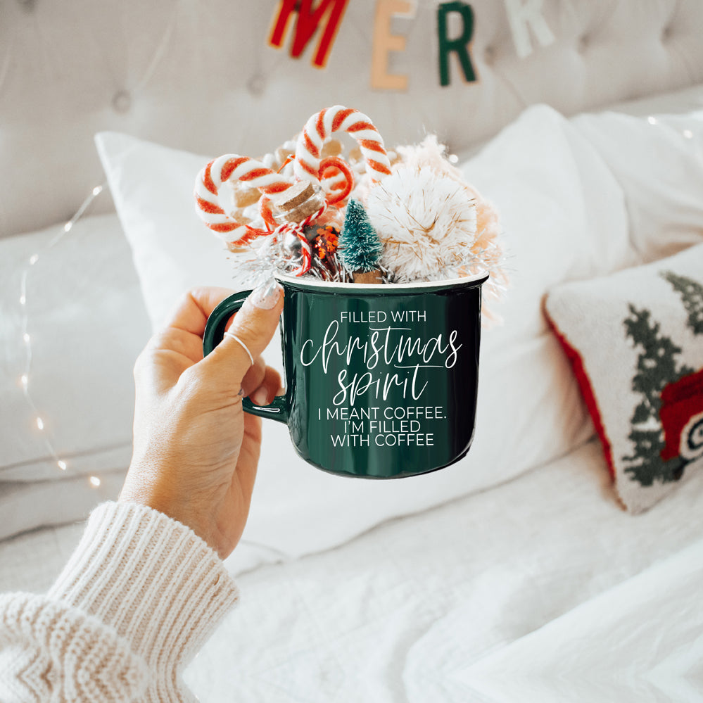 Christmas Coffee Mug 14.5oz Ceramic Campfire Style Red Or Green Double-Sided BandsCo Straps