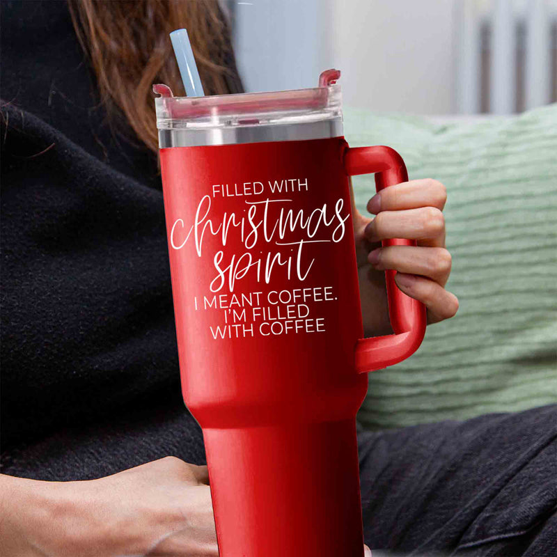 Christmas Coffee Tumbler 40oz Insulated Travel Mug With Handle Lid Straw Red BandsCo Straps