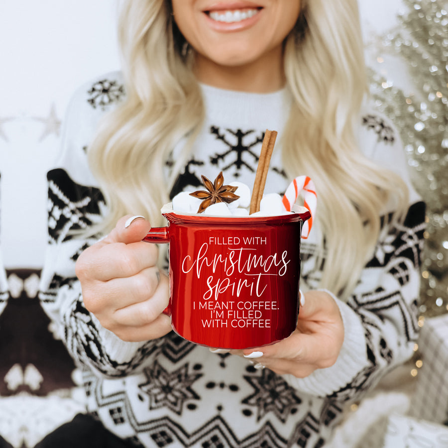 Christmas Coffee Mug 14.5oz Ceramic Campfire Style Red Or Green Double-Sided BandsCo Straps