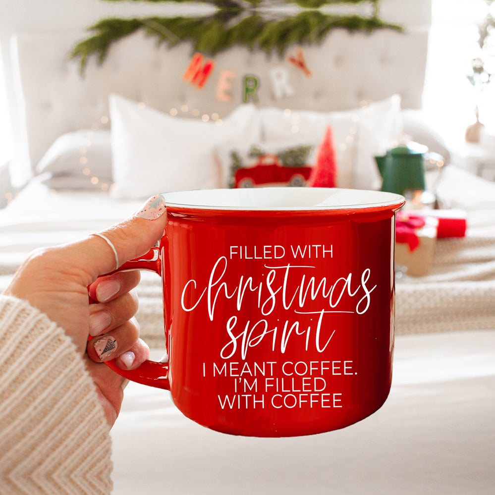 Christmas Coffee Mug 14.5oz Ceramic Campfire Style Red Or Green Double-Sided BandsCo Straps