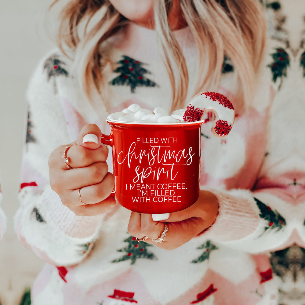 Christmas Coffee Mug 14.5oz Ceramic Campfire Style Red Or Green Double-Sided BandsCo Straps