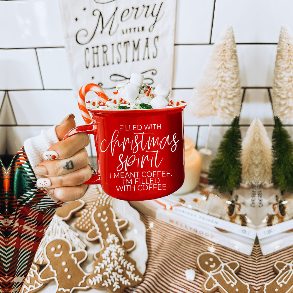 Christmas Coffee Mug 14.5oz Ceramic Campfire Style Red Or Green Double-Sided BandsCo Straps