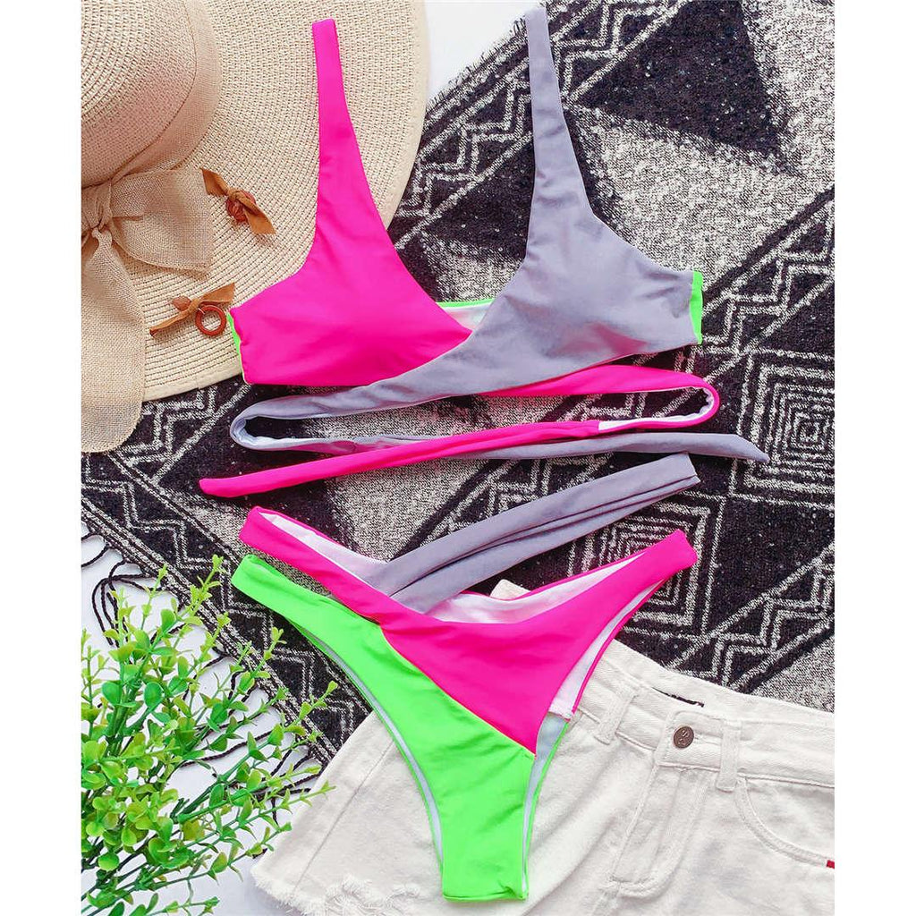 Splicing Bikini Female Swimsuit Two Piece Bikini Swimsuit for Women High Waist Crisscross Halter Wrap Bathing Suits with Bikini Bottom Women Swimwear Two-piece Bikini set Asymmetric Mid Waist Bather Bathing Suit Swim Stevvex
