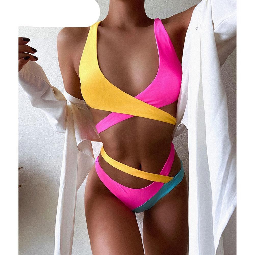 Splicing Bikini Female Swimsuit Two Piece Bikini Swimsuit for Women High Waist Crisscross Halter Wrap Bathing Suits with Bikini Bottom Women Swimwear Two-piece Bikini set Asymmetric Mid Waist Bather Bathing Suit Swim Stevvex