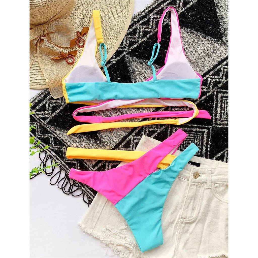 Splicing Bikini Female Swimsuit Two Piece Bikini Swimsuit for Women High Waist Crisscross Halter Wrap Bathing Suits with Bikini Bottom Women Swimwear Two-piece Bikini set Asymmetric Mid Waist Bather Bathing Suit Swim Stevvex