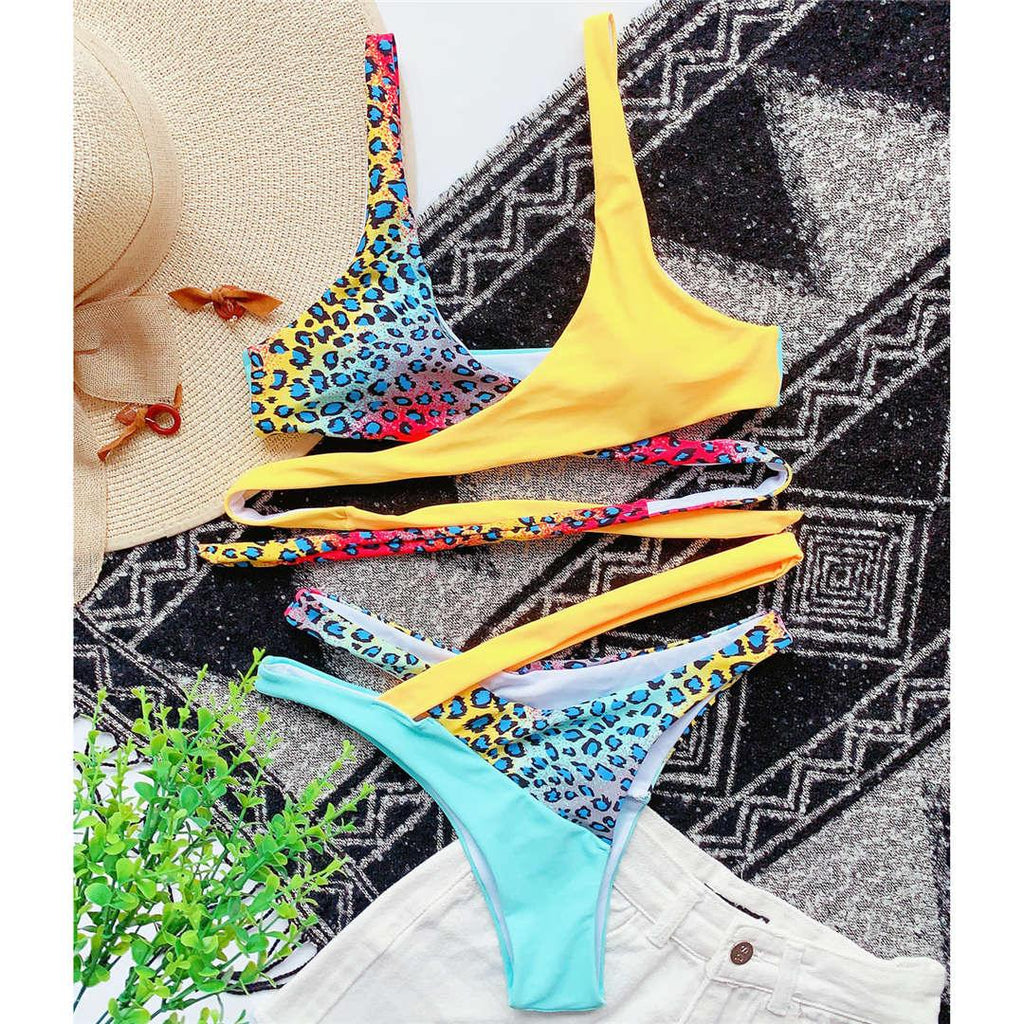 Splicing Bikini Female Swimsuit Two Piece Bikini Swimsuit for Women High Waist Crisscross Halter Wrap Bathing Suits with Bikini Bottom Women Swimwear Two-piece Bikini set Asymmetric Mid Waist Bather Bathing Suit Swim Stevvex