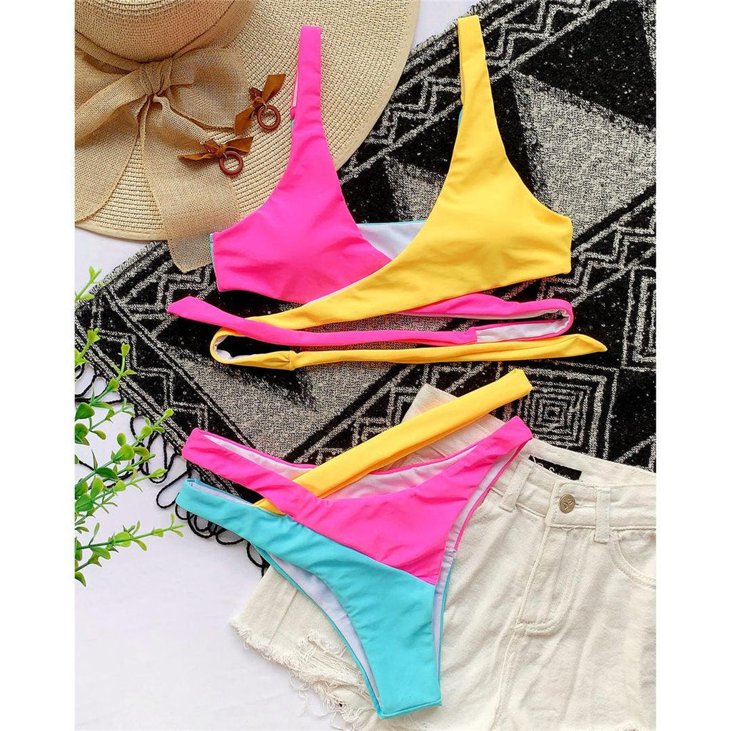 Splicing Bikini Female Swimsuit Two Piece Bikini Swimsuit for Women High Waist Crisscross Halter Wrap Bathing Suits with Bikini Bottom Women Swimwear Two-piece Bikini set Asymmetric Mid Waist Bather Bathing Suit Swim Stevvex