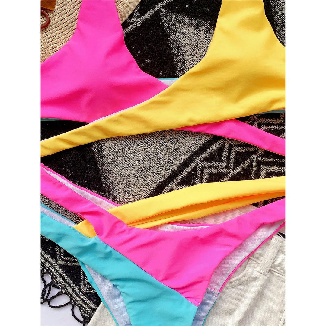 Splicing Bikini Female Swimsuit Two Piece Bikini Swimsuit for Women High Waist Crisscross Halter Wrap Bathing Suits with Bikini Bottom Women Swimwear Two-piece Bikini set Asymmetric Mid Waist Bather Bathing Suit Swim Stevvex