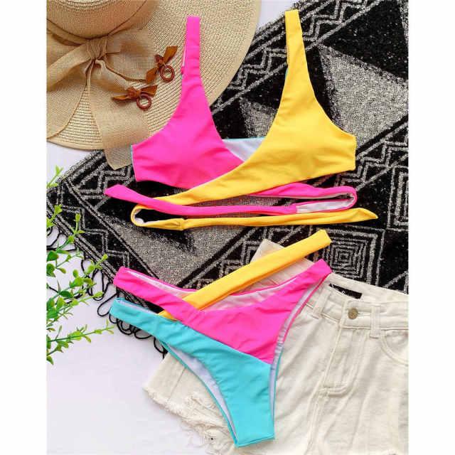 Splicing Bikini Female Swimsuit Two Piece Bikini Swimsuit for Women High Waist Crisscross Halter Wrap Bathing Suits with Bikini Bottom Women Swimwear Two-piece Bikini set Asymmetric Mid Waist Bather Bathing Suit Swim Stevvex