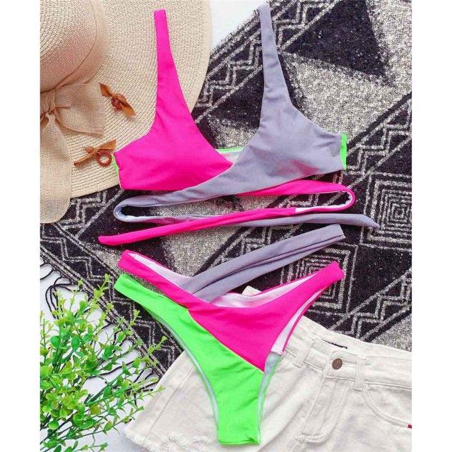 Splicing Bikini Female Swimsuit Two Piece Bikini Swimsuit for Women High Waist Crisscross Halter Wrap Bathing Suits with Bikini Bottom Women Swimwear Two-piece Bikini set Asymmetric Mid Waist Bather Bathing Suit Swim Stevvex