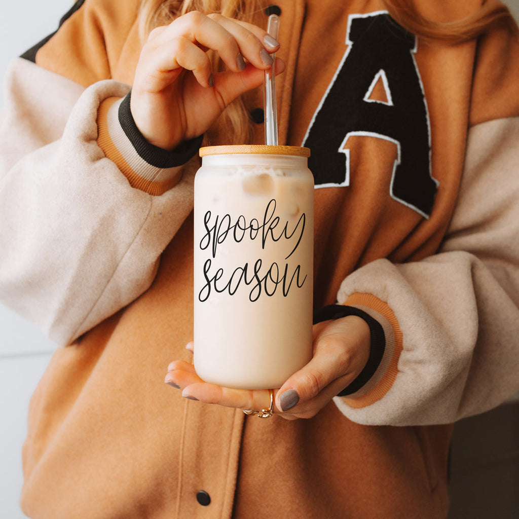 Hocus Pocus I Need Coffee 20oz Glass Tumbler Bamboo Lid 2 Stainless Straws BandsCo Straps