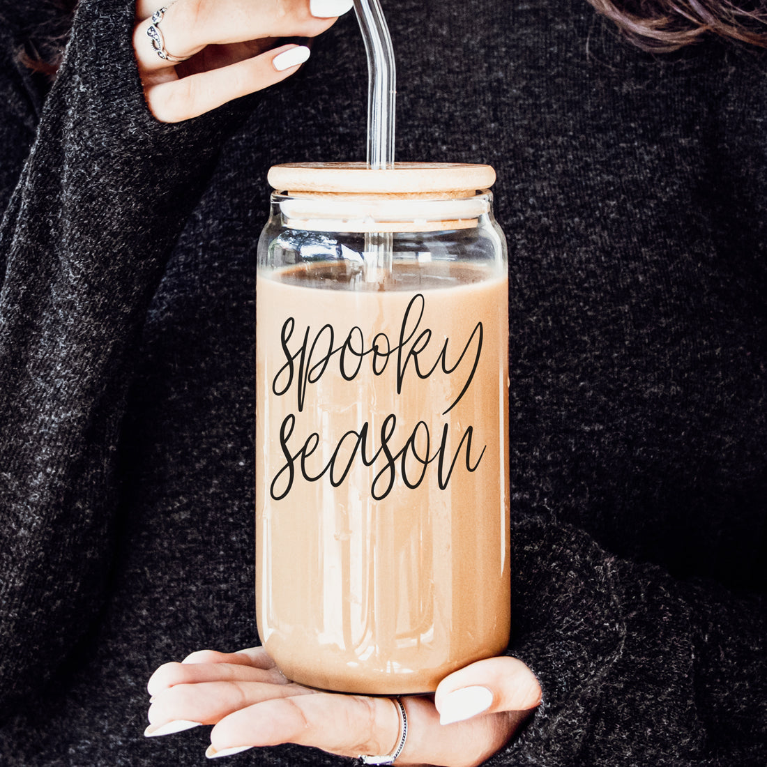Hocus Pocus I Need Coffee 20oz Glass Tumbler Bamboo Lid 2 Stainless Straws BandsCo Straps