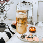 Hocus Pocus I Need Coffee 20oz Glass Tumbler Bamboo Lid 2 Stainless Straws BandsCo Straps