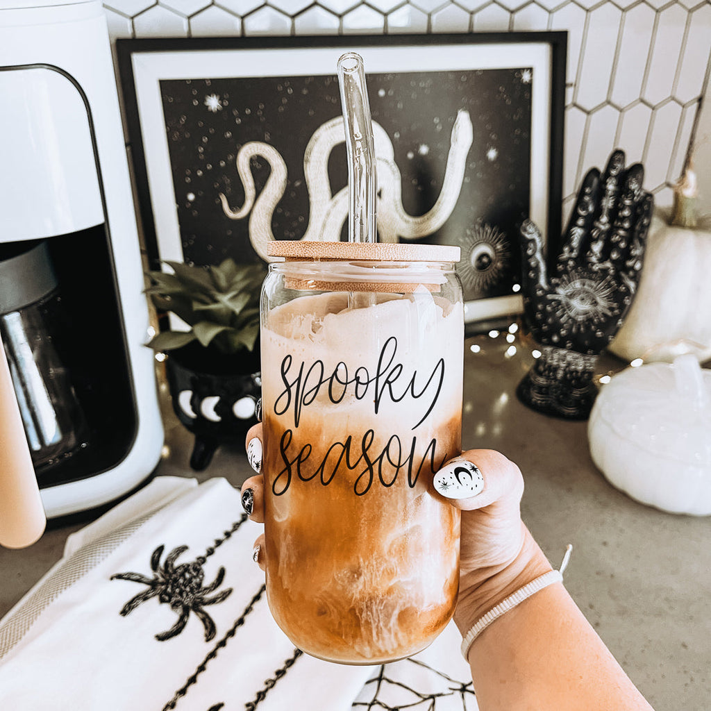 Hocus Pocus I Need Coffee 20oz Glass Tumbler Bamboo Lid 2 Stainless Straws BandsCo Straps