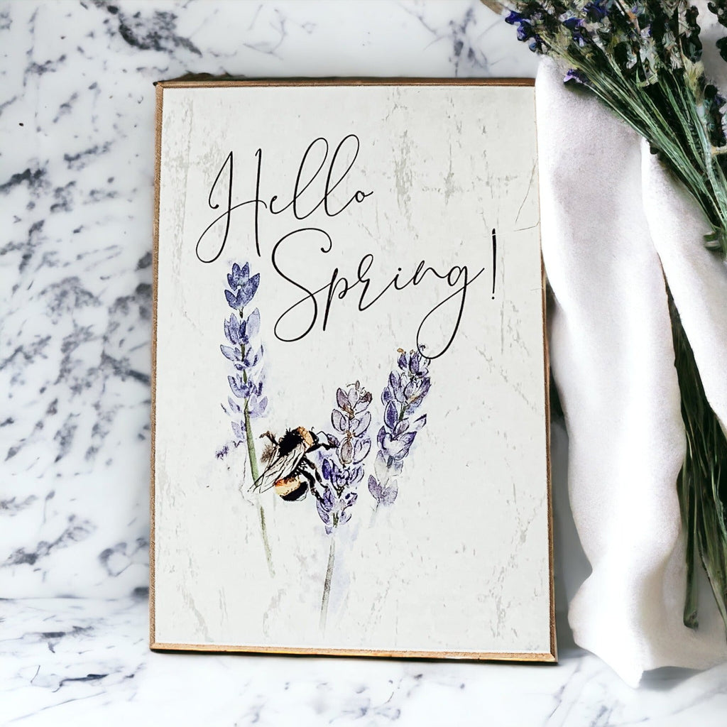 Hello Spring Wooden Block Sign Rustic Farmhouse Shelf Tabletop Decor BandsCo Straps