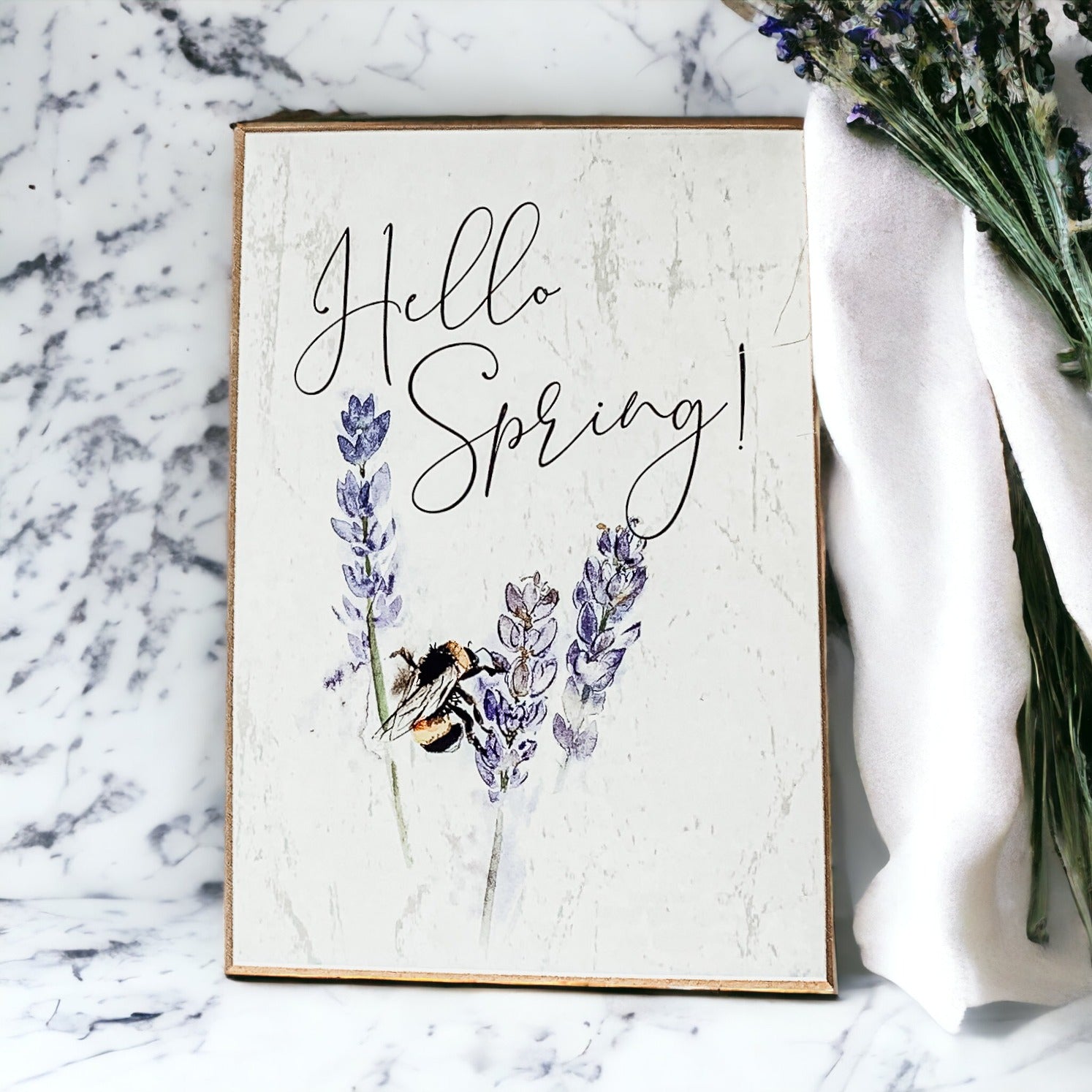 Hello Spring Wooden Block Sign Rustic Farmhouse Shelf Tabletop Decor BandsCo Straps