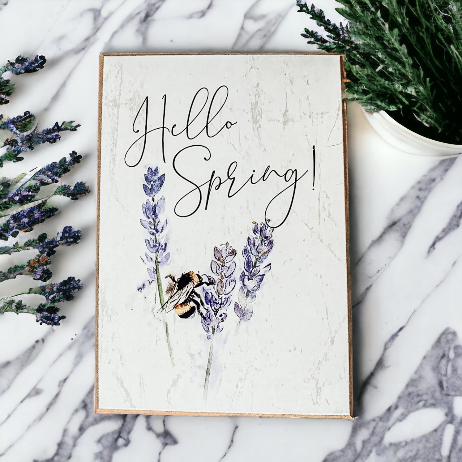 Hello Spring Wooden Block Sign Rustic Farmhouse Shelf Tabletop Decor BandsCo Straps