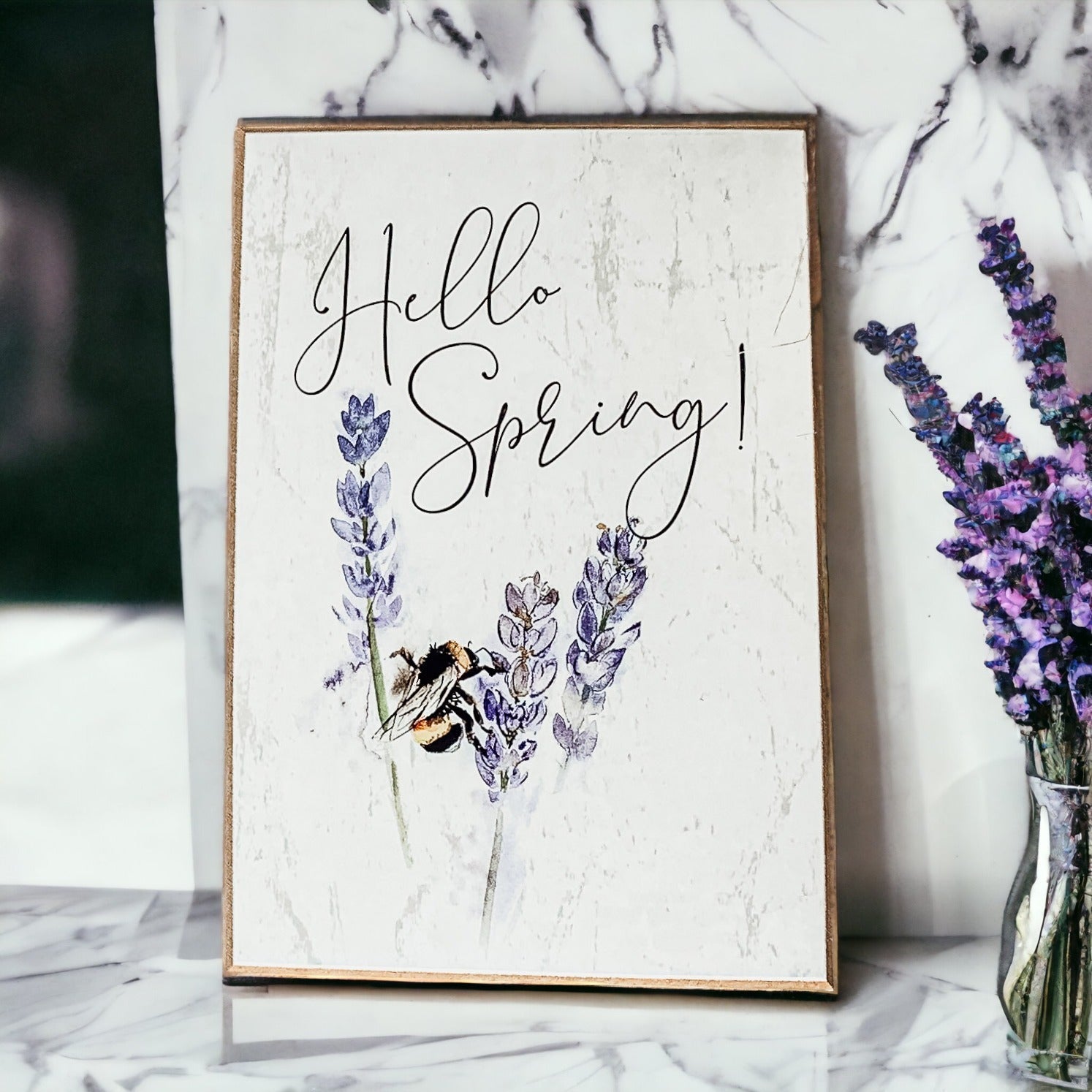 Hello Spring Wooden Block Sign Rustic Farmhouse Shelf Tabletop Decor BandsCo Straps