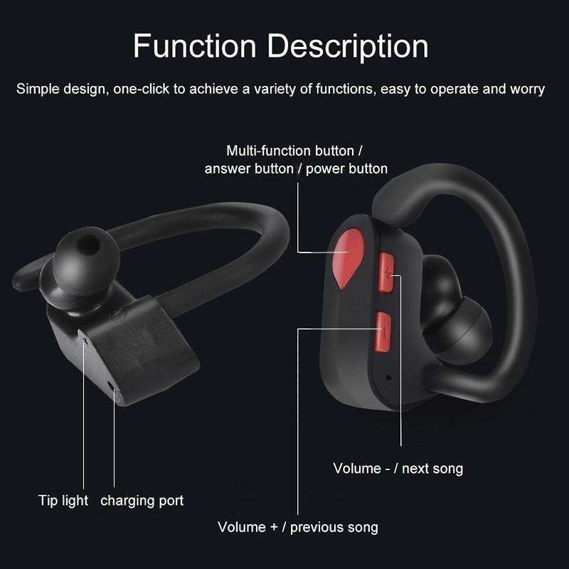 Sport Handsfree Black Wireless Earphone Bluetooth 5.0 Connection Ear Hook in Ear Earbuds Waterproof With Microphone Fast Volume Control Wireless Earbuds Outdoor Workout Over Ear Hooks Sweat Resistance Headphones Stevvex