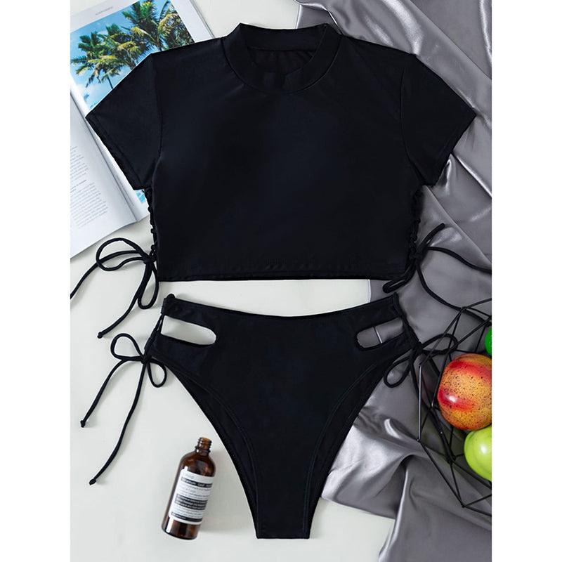 Sport Solid Color Athletic Bikinis Set Women's Two Piece Swimsuits Tie Knot Padded Push Up Modern Bikini Sets Women High Waist Swimsuit Rope Bow Bikini Set With Long Sleeves Bathing Suits Stevvex