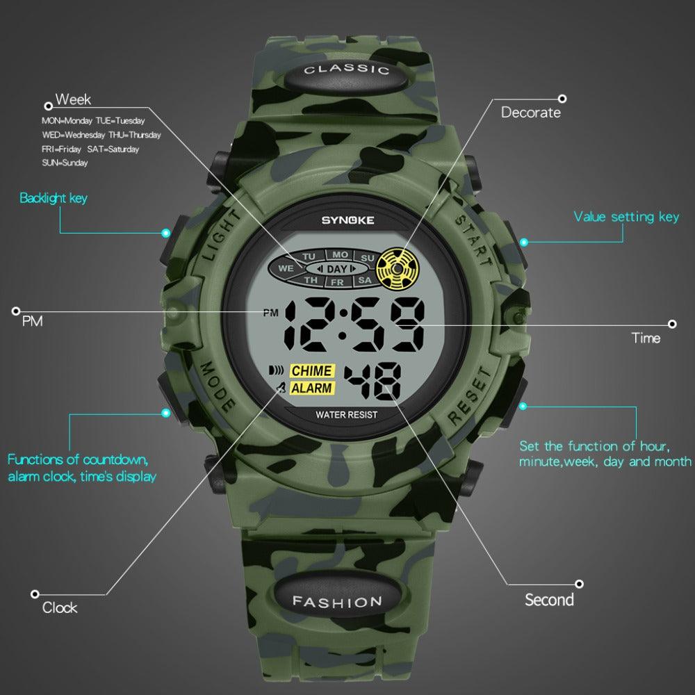 Sports Military Kids Digital Watches Student Childrens Watch Fashion Luminous Led Alarm Camouflage Green Waterproof Digital Sport Watches For Kids Birthday Presents Gifts Stevvex