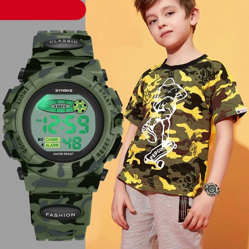 Sports Military Kids Digital Watches Student Childrens Watch Fashion Luminous Led Alarm Camouflage Green Waterproof Digital Sport Watches For Kids Birthday Presents Gifts Stevvex
