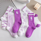 Spring And Summer Combed Out Of Pure Cotton Socks Mid Waist Fashion Bear Socks Cute Animal Socks Kawaii Cute Cartoon Purple College Socks For Men And Women Stevvex