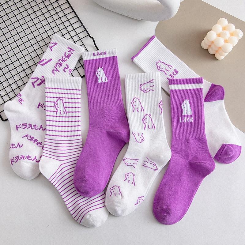 Spring And Summer Combed Out Of Pure Cotton Socks Mid Waist Fashion Bear Socks Cute Animal Socks Kawaii Cute Cartoon Purple College Socks For Men And Women Stevvex
