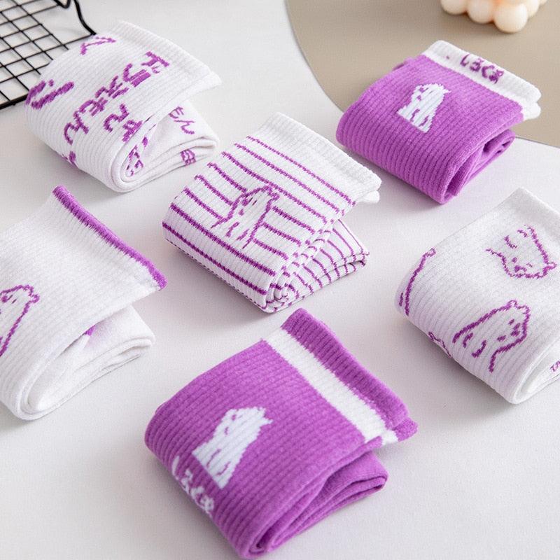 Spring And Summer Combed Out Of Pure Cotton Socks Mid Waist Fashion Bear Socks Cute Animal Socks Kawaii Cute Cartoon Purple College Socks For Men And Women Stevvex