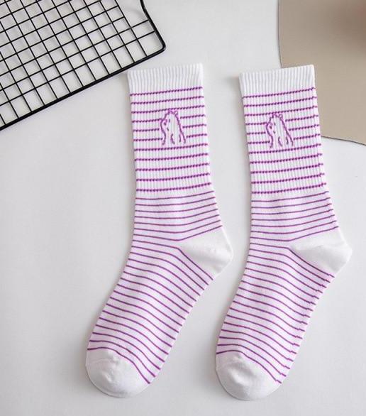 Spring And Summer Combed Out Of Pure Cotton Socks Mid Waist Fashion Bear Socks Cute Animal Socks Kawaii Cute Cartoon Purple College Socks For Men And Women Stevvex