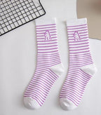 Spring And Summer Combed Out Of Pure Cotton Socks Mid Waist Fashion Bear Socks Cute Animal Socks Kawaii Cute Cartoon Purple College Socks For Men And Women Stevvex
