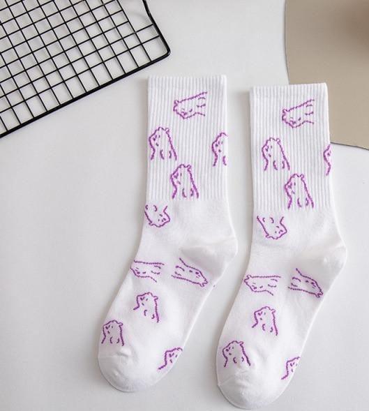 Spring And Summer Combed Out Of Pure Cotton Socks Mid Waist Fashion Bear Socks Cute Animal Socks Kawaii Cute Cartoon Purple College Socks For Men And Women Stevvex