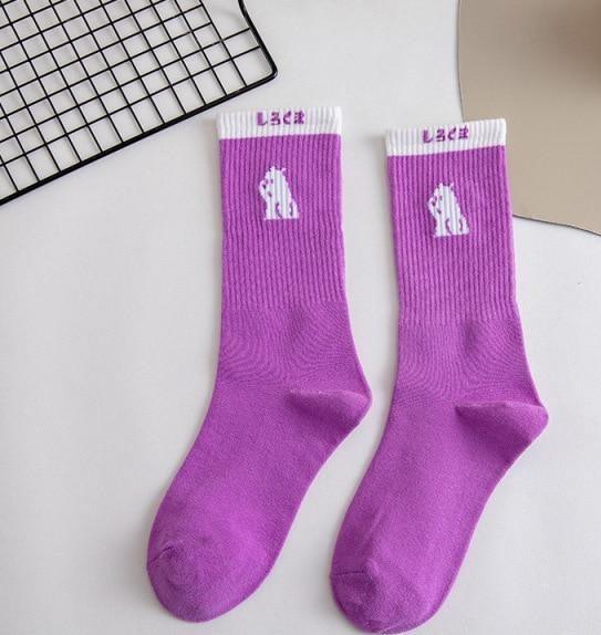 Spring And Summer Combed Out Of Pure Cotton Socks Mid Waist Fashion Bear Socks Cute Animal Socks Kawaii Cute Cartoon Purple College Socks For Men And Women Stevvex