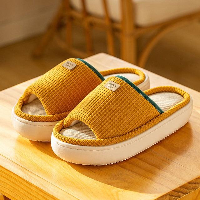 Spring Home Cotton Slippers All Season Flip Flops EVA Hemp Indoor Women Couples Men Thick Sole Non-Slip Bath Shower Shoes Platform Slides Quick Dry Slippers Thick Massage Shoes Stevvex