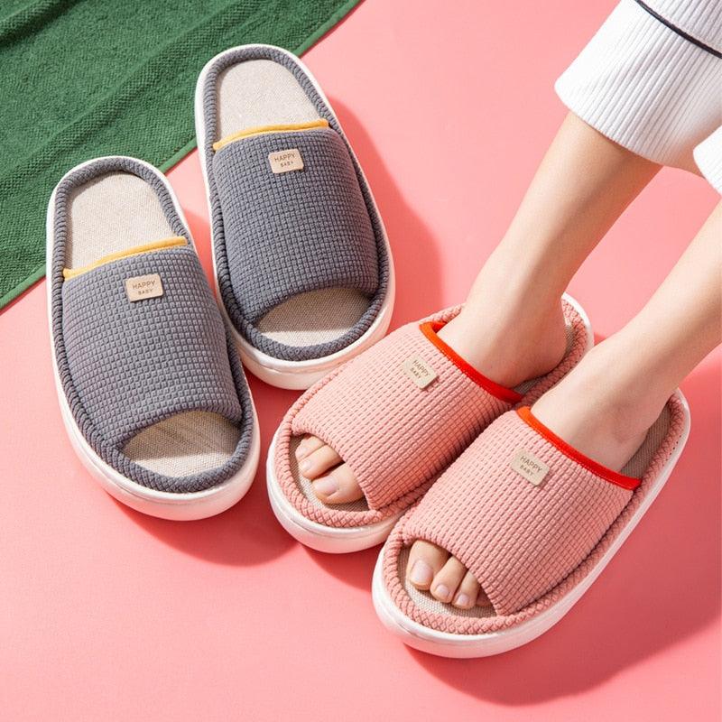 Spring Home Cotton Slippers All Season Flip Flops EVA Hemp Indoor Women Couples Men Thick Sole Non-Slip Bath Shower Shoes Platform Slides Quick Dry Slippers Thick Massage Shoes Stevvex